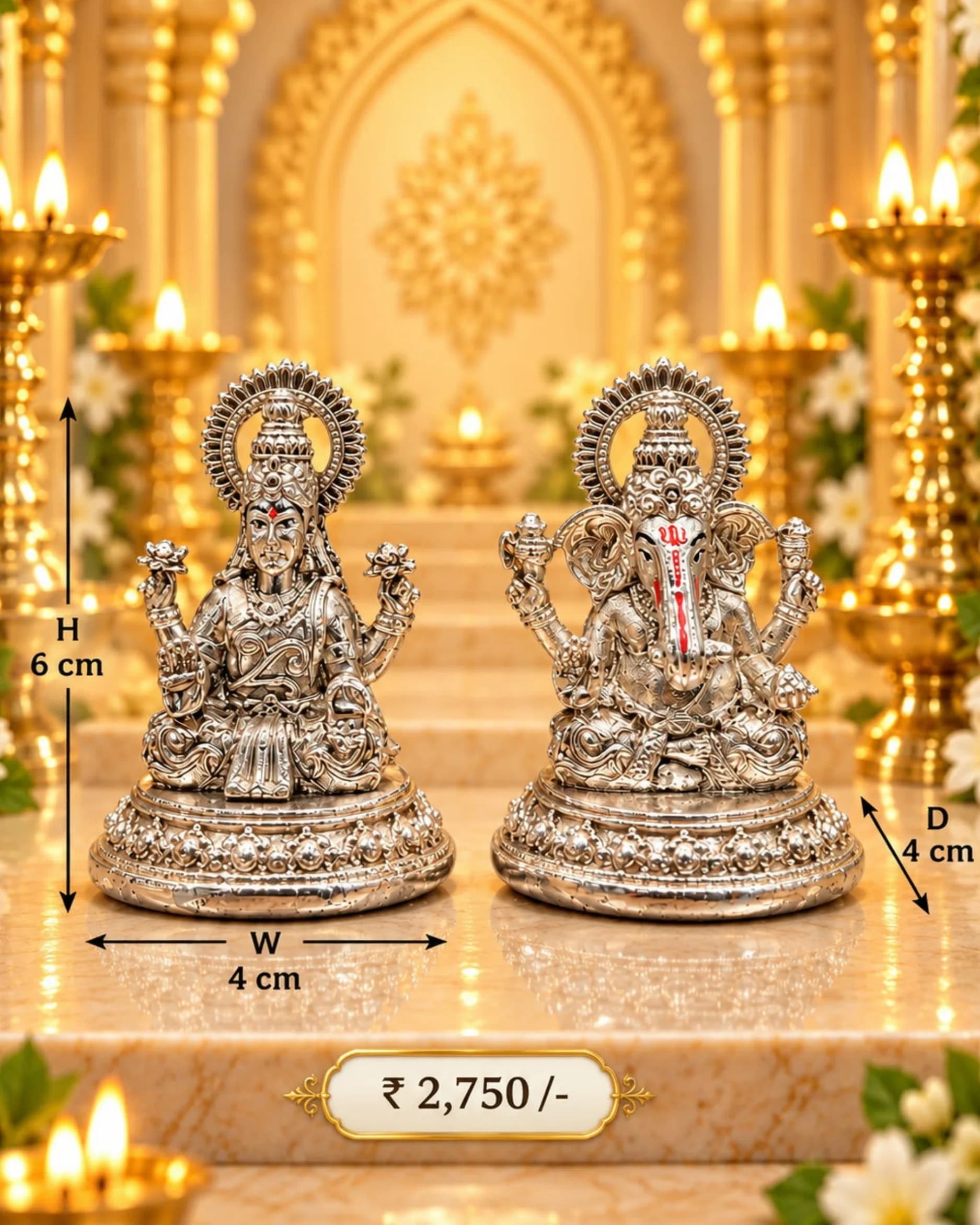 AAREE Lakshmi Ganesha Pair with Ornate Halo — Silver Finish