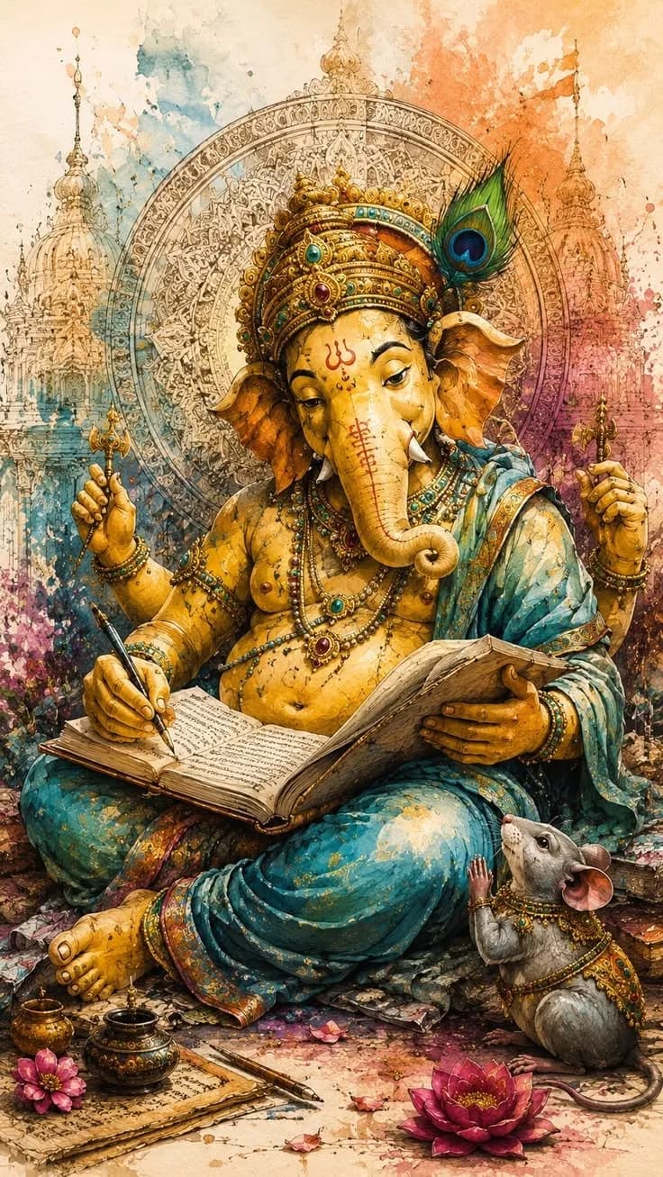 Ganesha seated with a book and quill, writing, with his mouse beside him