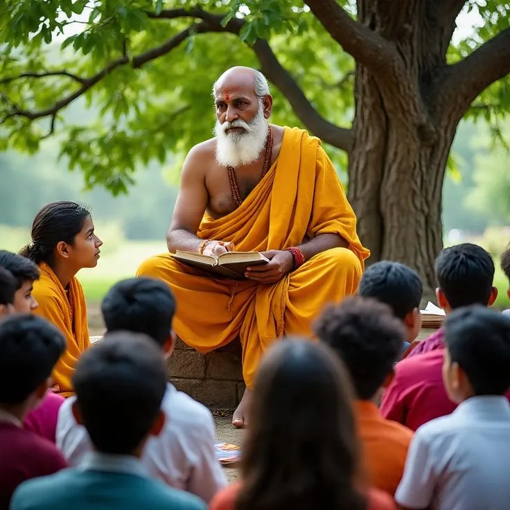 A saffron-robed teacher reading to children seated before him under a tree
