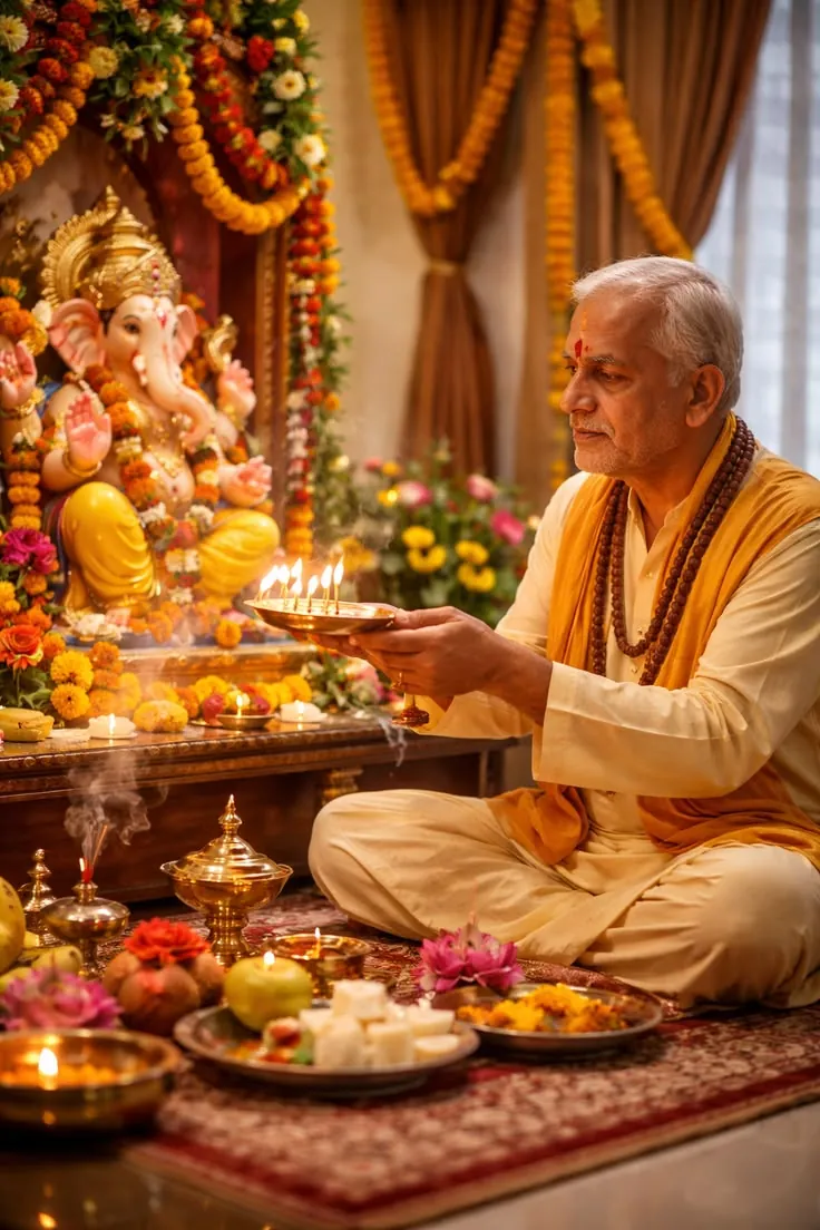 An elderly pandit performing aarti with a brass lamp before a Ganesha altar