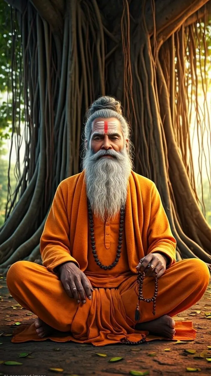 An elderly sage in saffron meditating cross-legged with a mala beneath a banyan tree