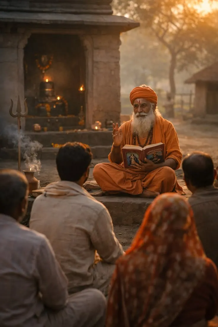 An elderly teacher reading scripture to listeners in a temple courtyard at dusk