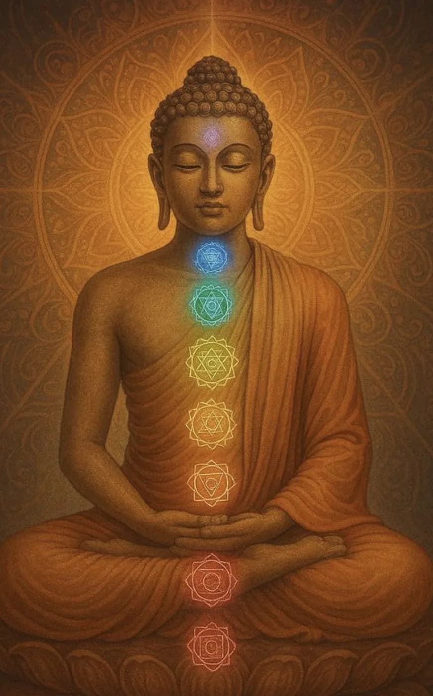 A meditating Buddha figure with seven glowing chakra symbols along the spine