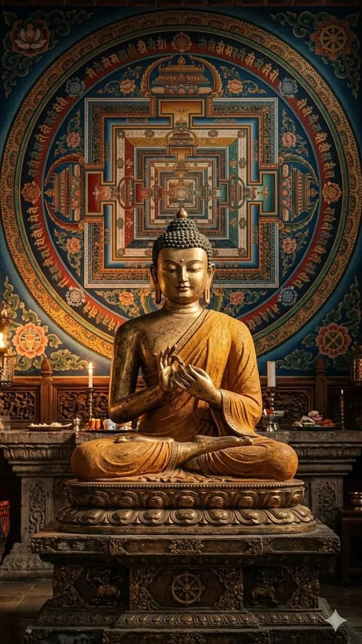 A golden Buddha before a Tibetan mandala