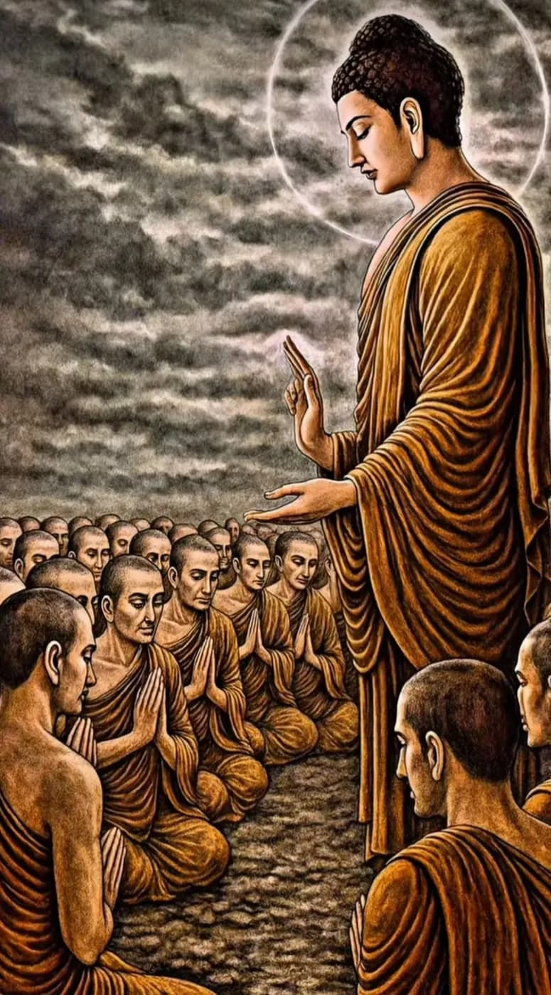The Buddha teaching rows of seated monks beneath a stormy sky