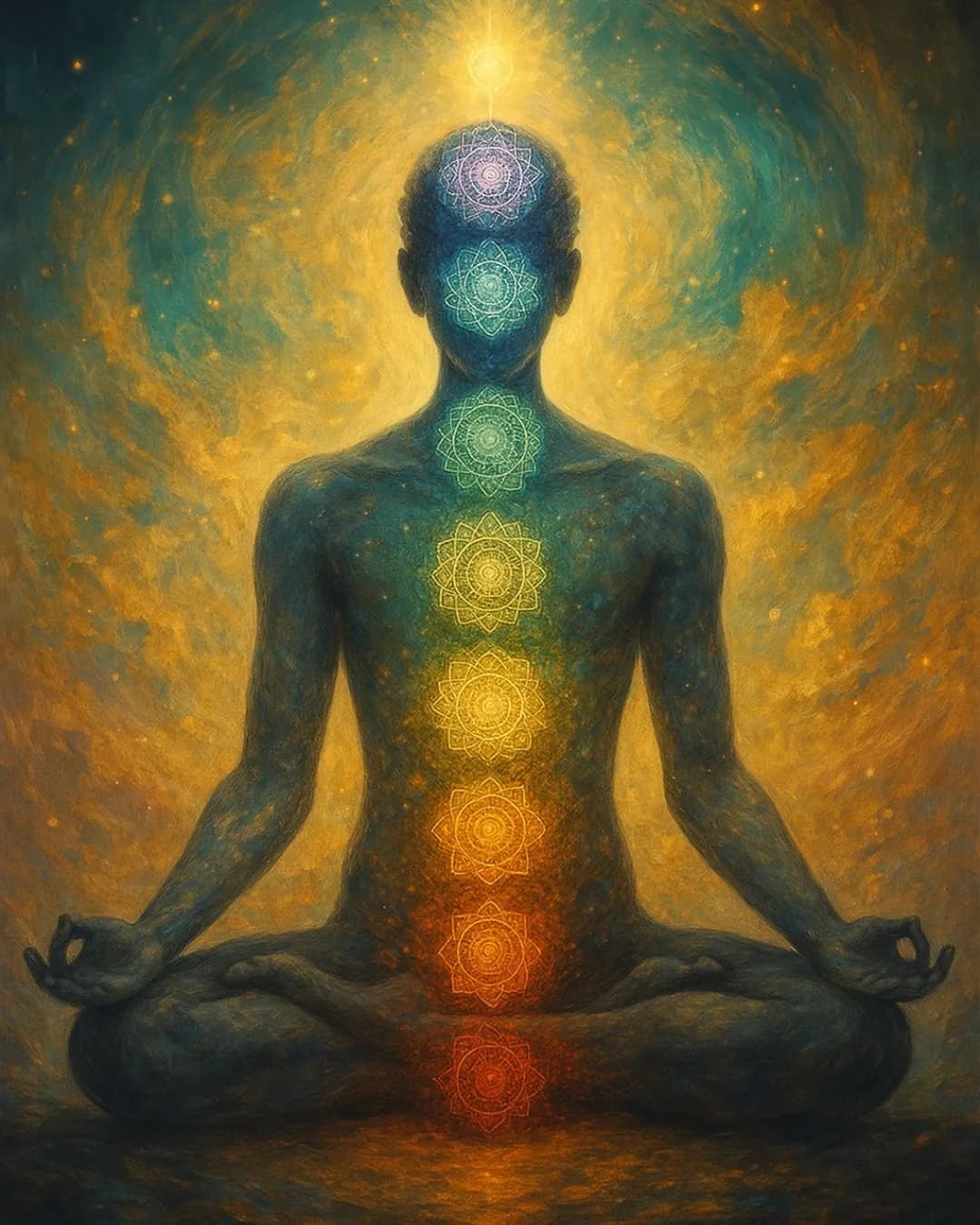 A meditating figure in lotus pose with glowing chakras rising from root to crown
