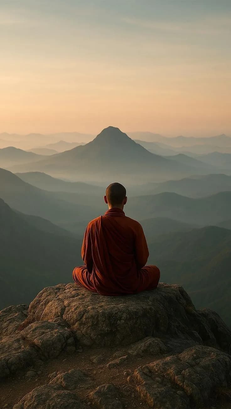 A monk in red robes meditating on a rock overlooking misty mountain ranges
