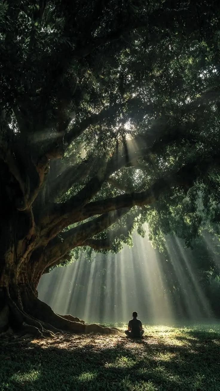 A lone meditator beneath a vast tree as shafts of light pour through the leaves