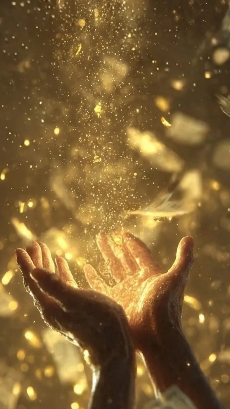Two cupped hands held open as golden light and sparks fall into them