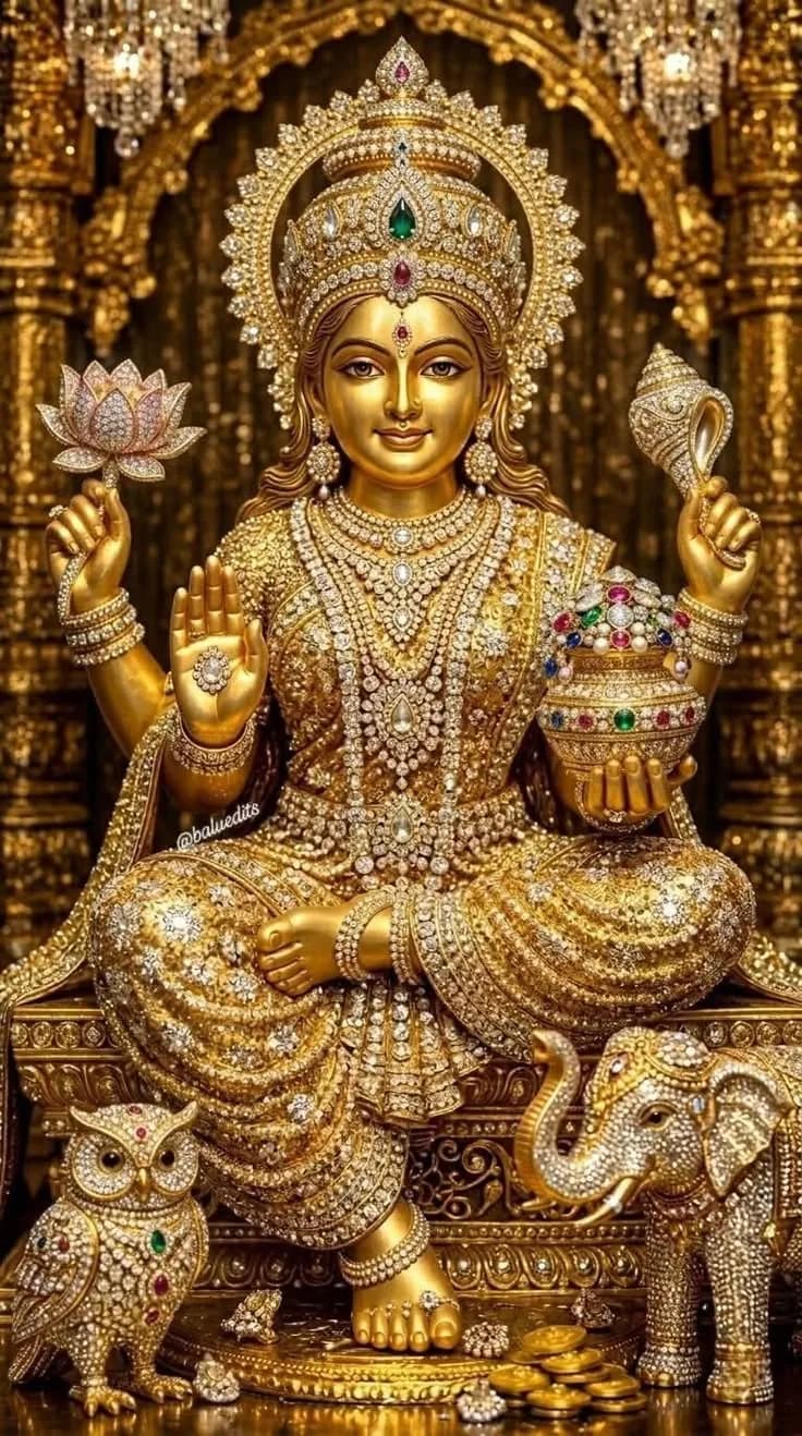 Golden jewelled murti of Goddess Lakshmi with an owl and an elephant at her feet