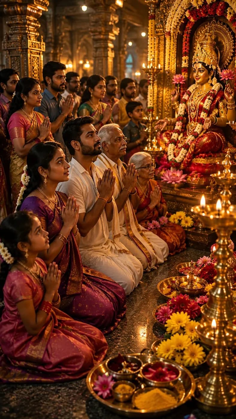 A family of three generations praying with folded hands before a decorated deity