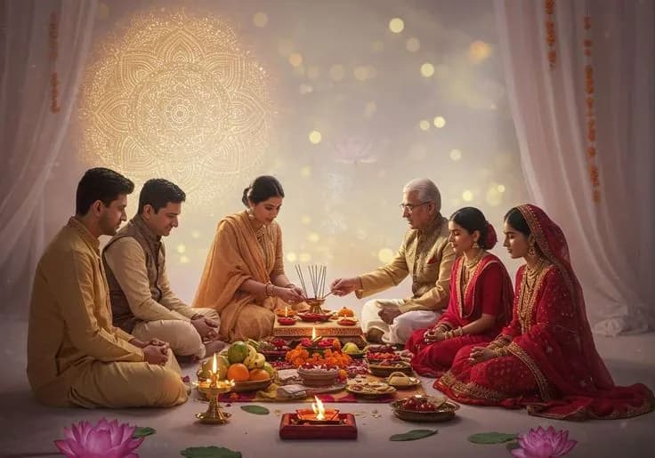 A family seated together performing a puja at home with lamps and flowers
