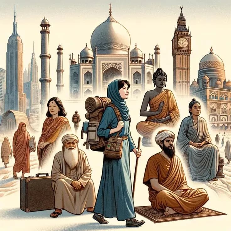 Illustration of pilgrims and sages from around the world before global landmarks