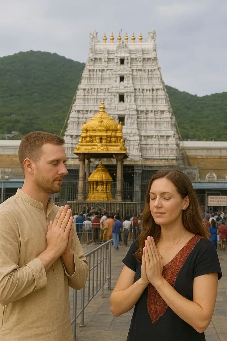 A couple praying with folded hands before the Tirumala temple gopuram