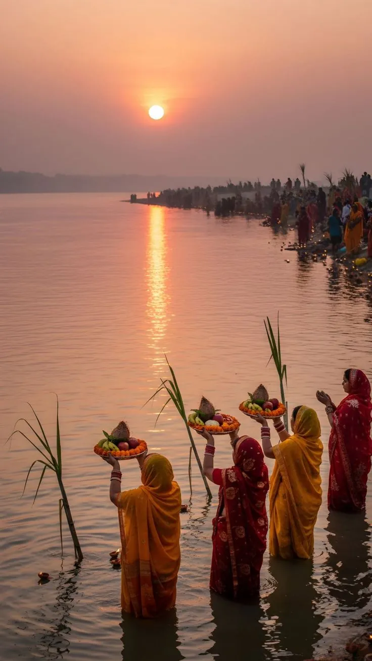 Women standing in a river at sunrise holding baskets of offerings for Chhath