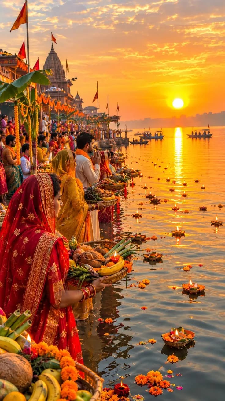 Devotees with offering baskets at a river ghat at sunset, lamps floating on the water