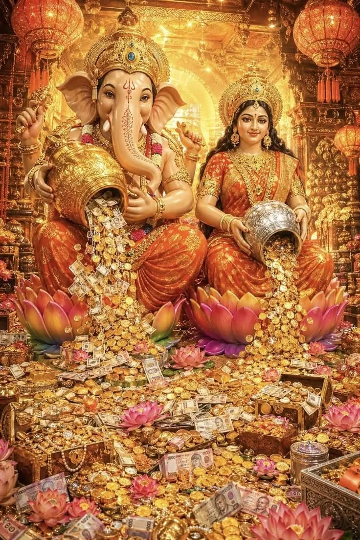 Lord Ganesha and Goddess Lakshmi seated side by side, pouring gold coins from pots