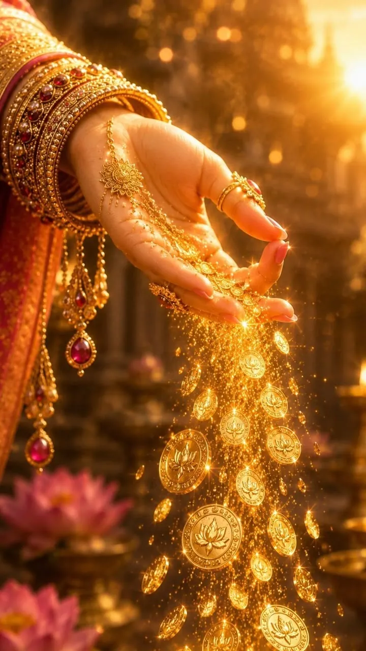 A jewelled hand pouring a stream of golden coins over lotus flowers