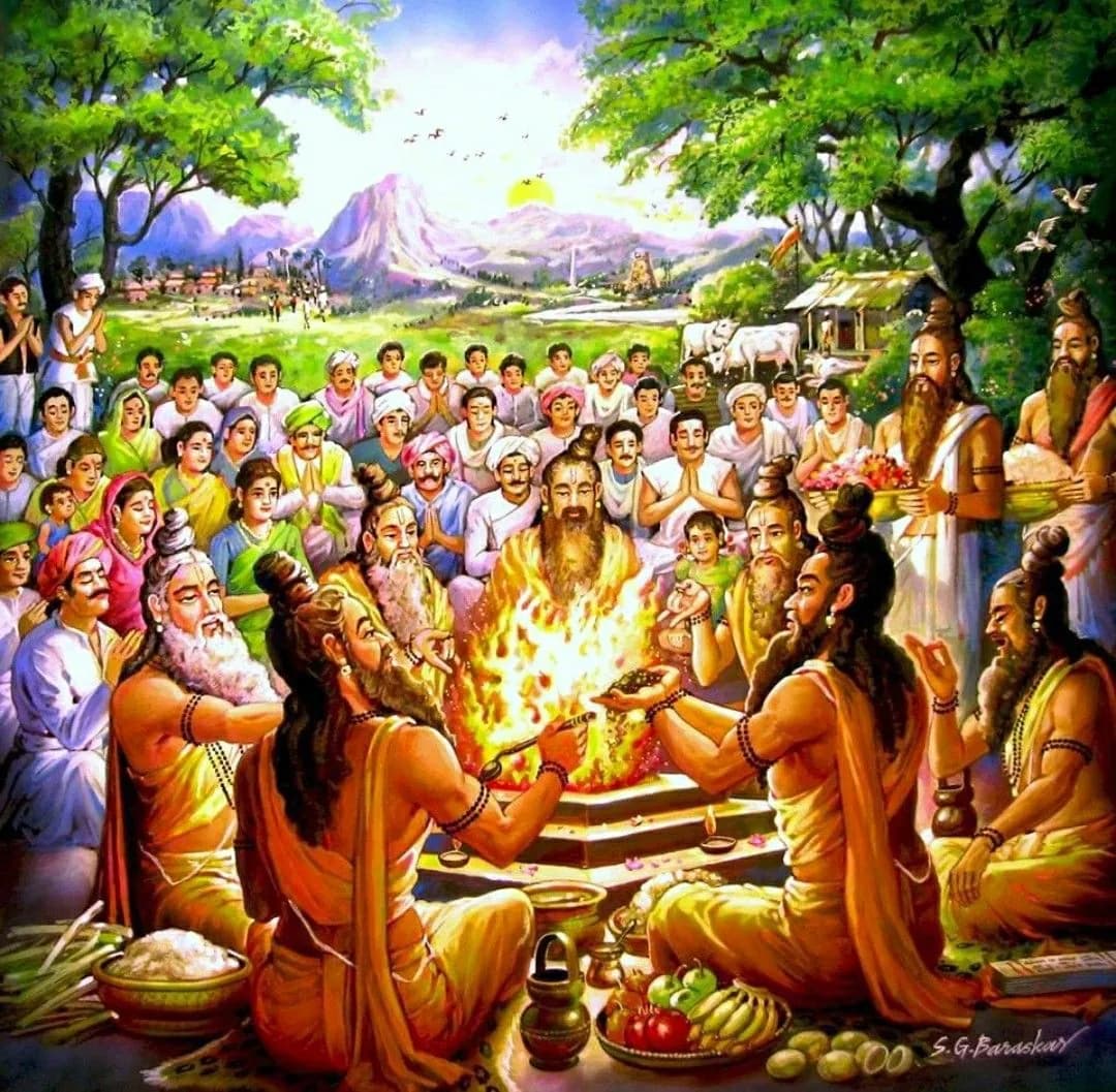 A village community gathered around a yagna fire led by sages under trees