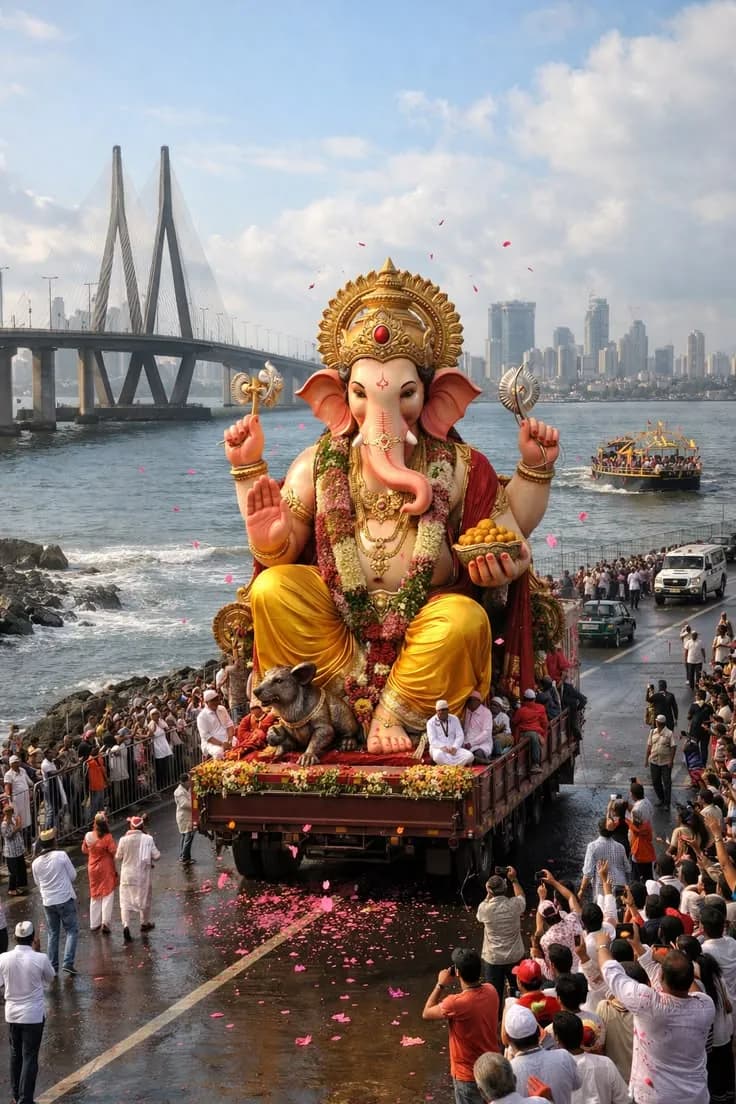 A large Ganesha idol carried in procession by the sea with crowds and a bridge behind