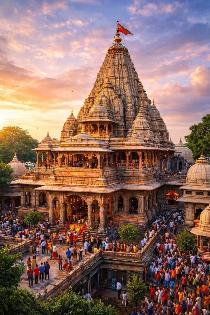 A carved temple with a saffron flag at sunset, surrounded by crowds of devotees