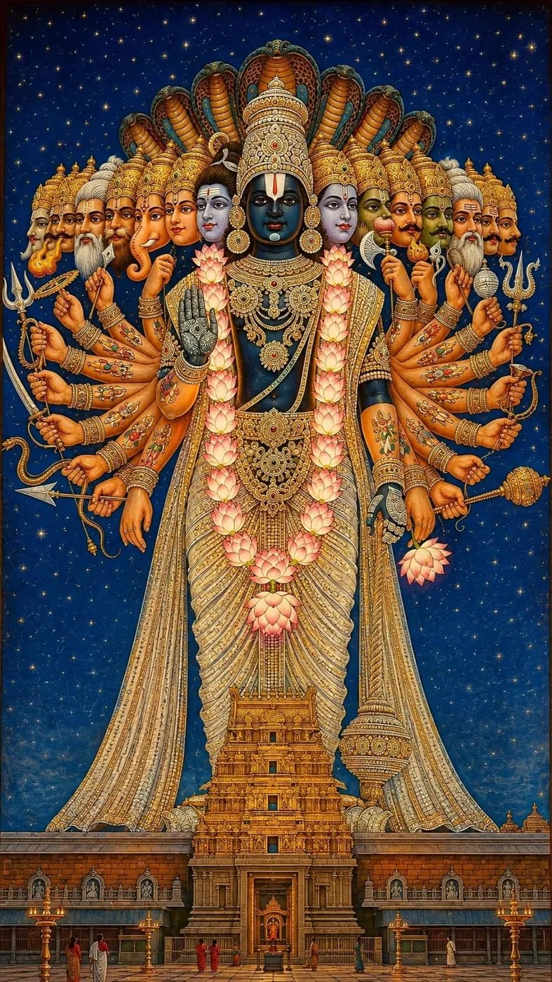 The thousand-armed universal form of Vishnu towering over a temple at night