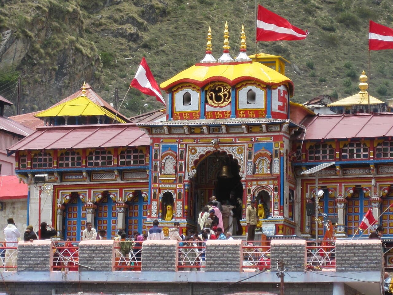 The brightly painted entrance of the Badrinath Temple