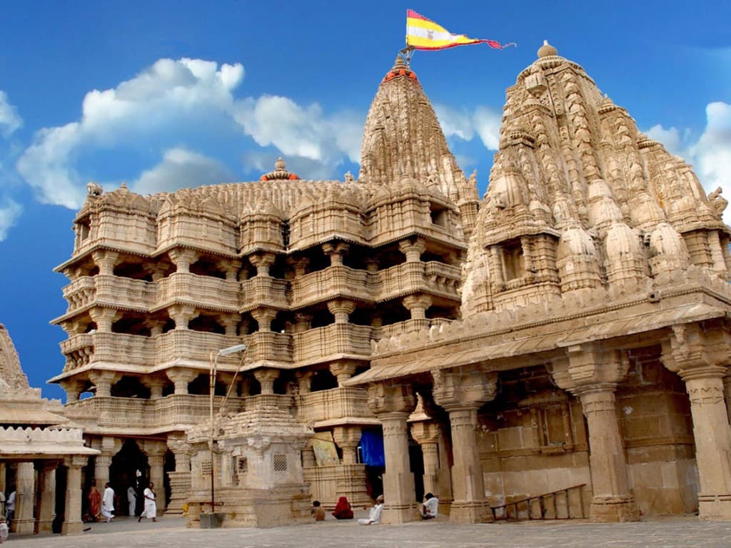 The carved stone shikharas of the Dwarkadhish Temple in Dwarka