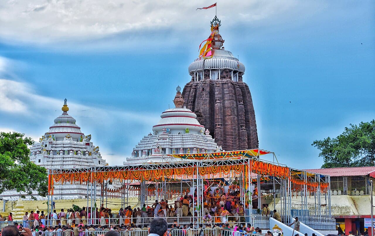 The spires of the Jagannath Temple in Puri under a blue sky