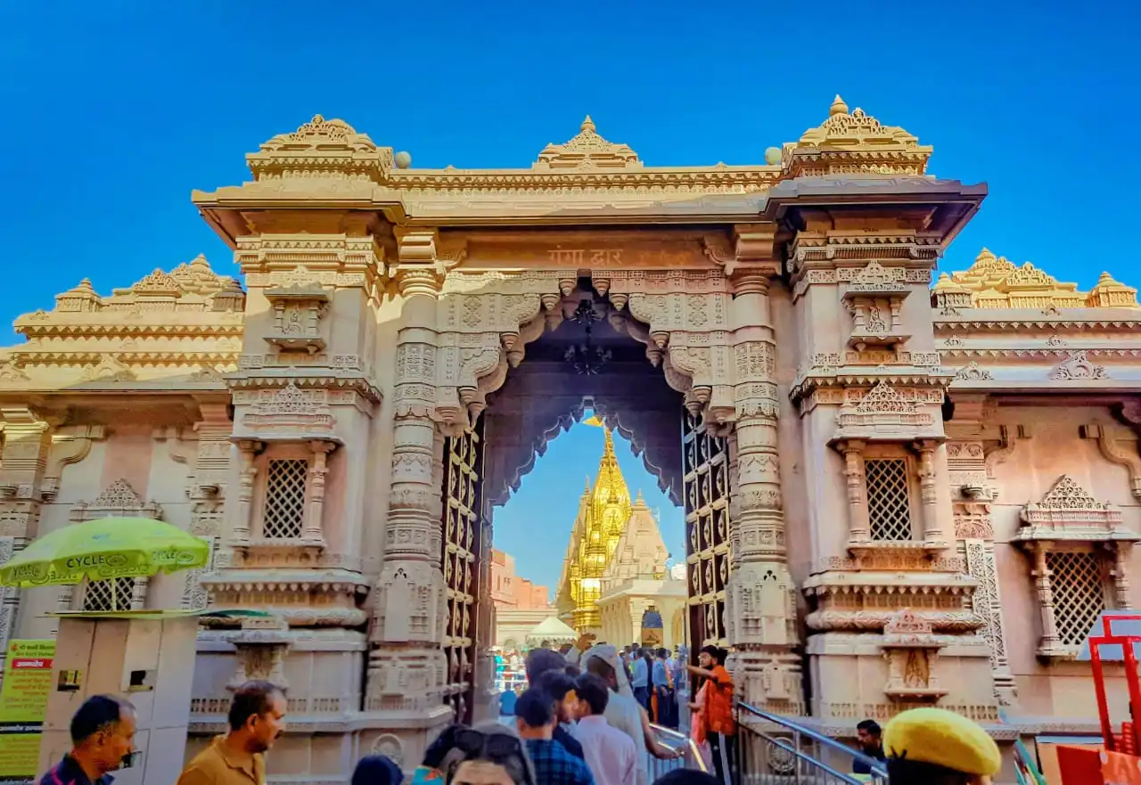 The Ganga Dwar gateway of the Kashi Vishwanath corridor in Varanasi, with the golden spire beyond