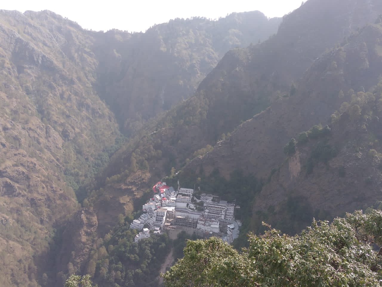 The Vaishno Devi shrine complex in the Trikuta hills near Katra, seen from above