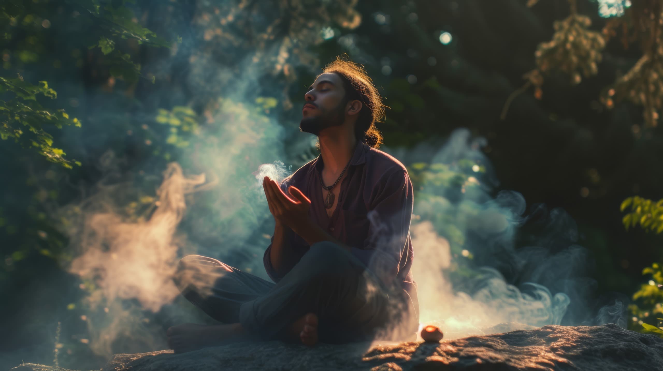 A man meditating cross-legged on a rock in a misty, sunlit forest