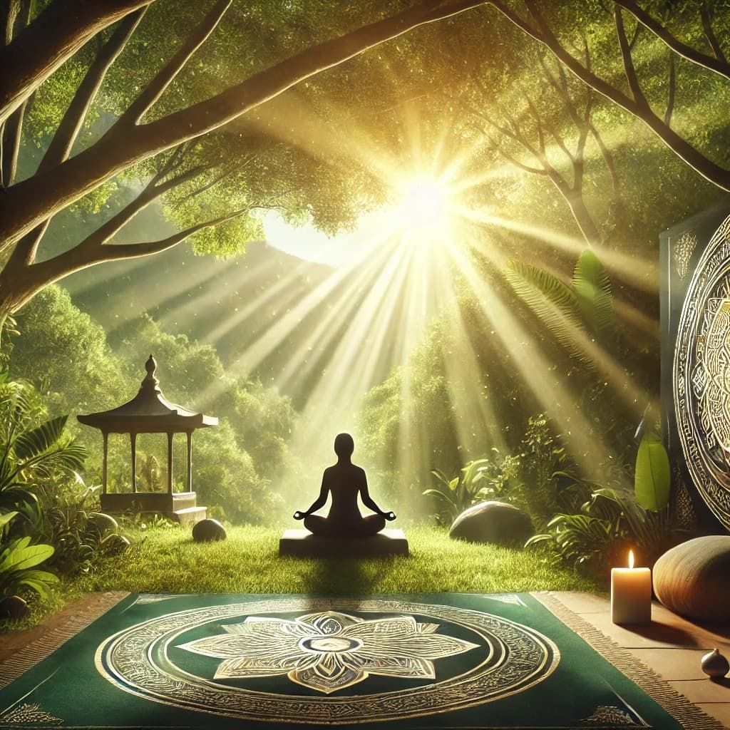 A figure meditating in a sunlit forest clearing beside a mandala mat and a candle