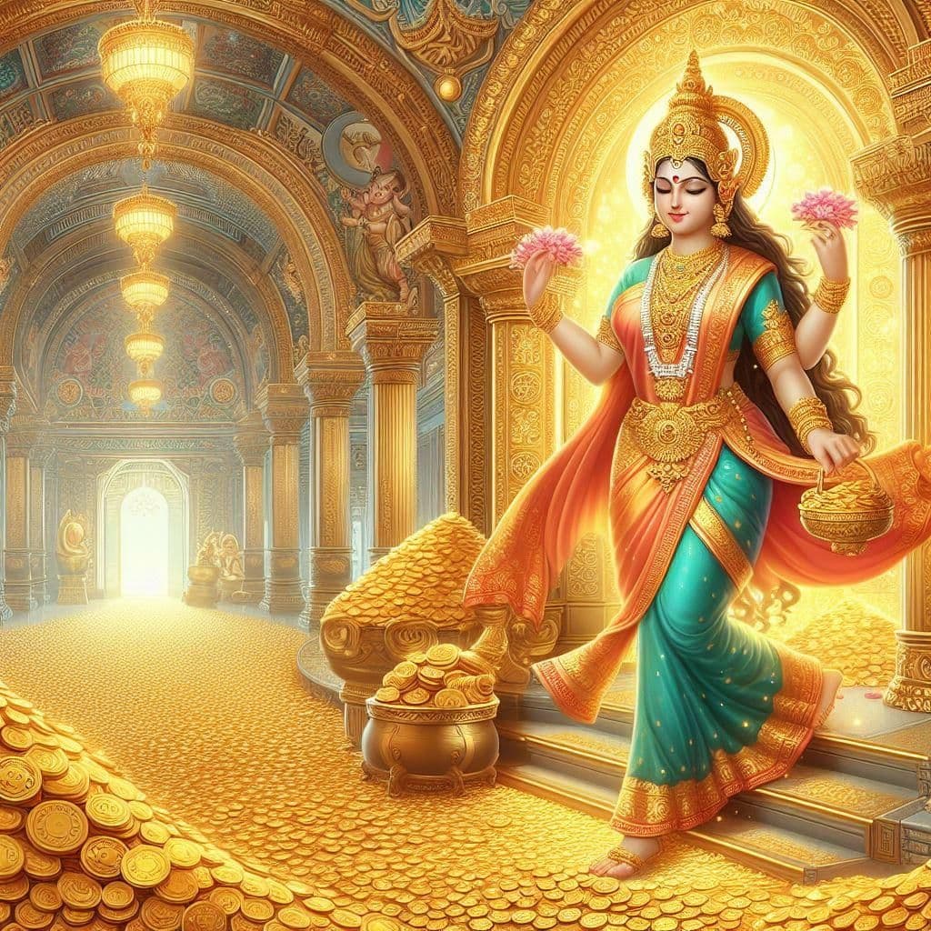 Goddess Lakshmi holding lotus flowers in a golden hall heaped with gold coins