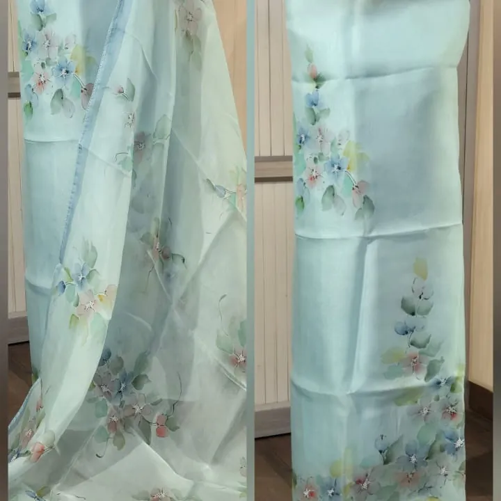 Hand-Painted Suit & Dupatta Set — Aqua Mint Floral