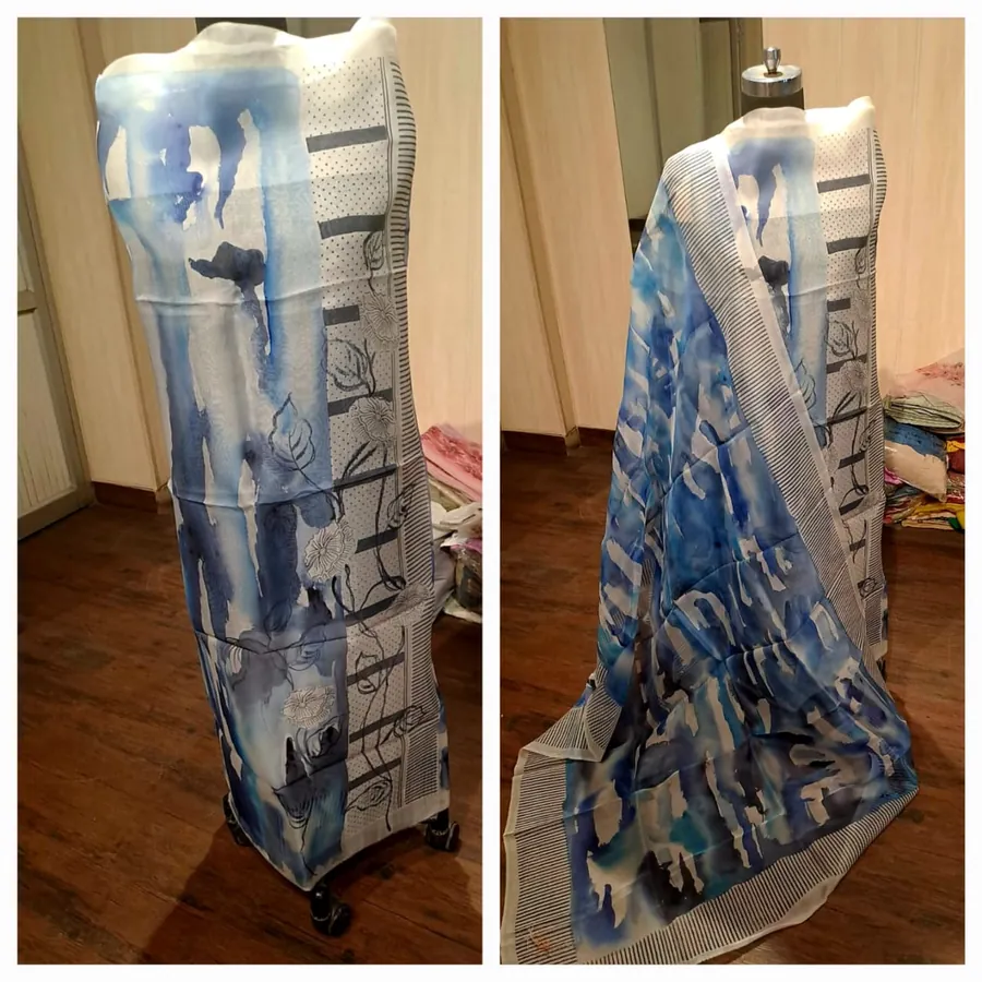 Hand-Painted Suit & Dupatta Set — Blue & White Abstract