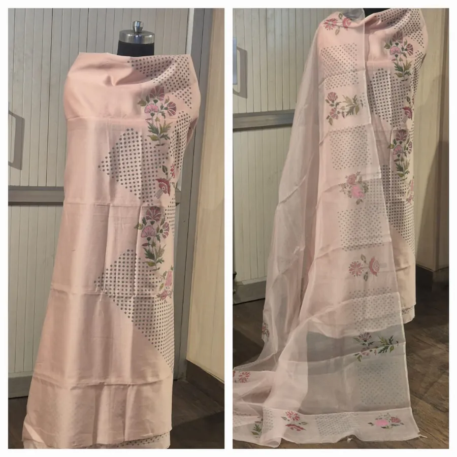 Hand-Painted Suit & Dupatta Set — Blush with Check & Florals