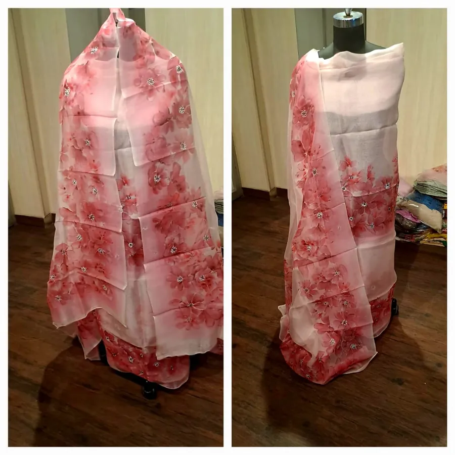 Hand-Painted Suit & Dupatta Set — Coral Red Floral