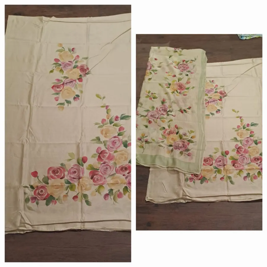 Hand-Painted Suit & Dupatta Set — Cream with Rose Bouquets