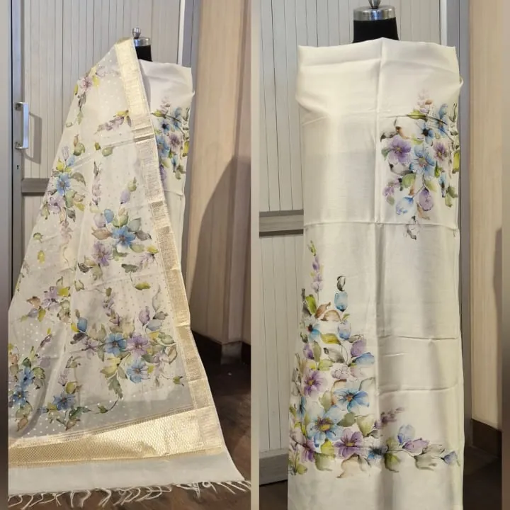 Hand-Painted Suit & Dupatta Set — Ivory with Blue Florals