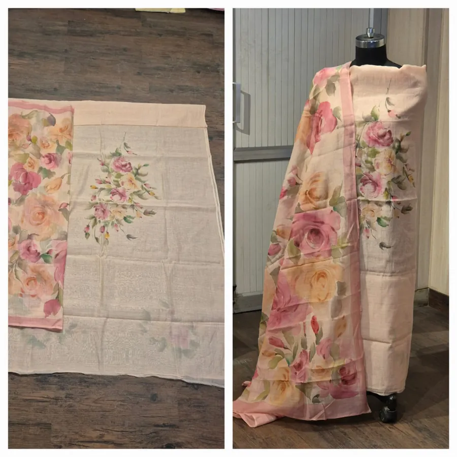 Hand-Painted Suit & Dupatta Set — Ivory with Peach Roses
