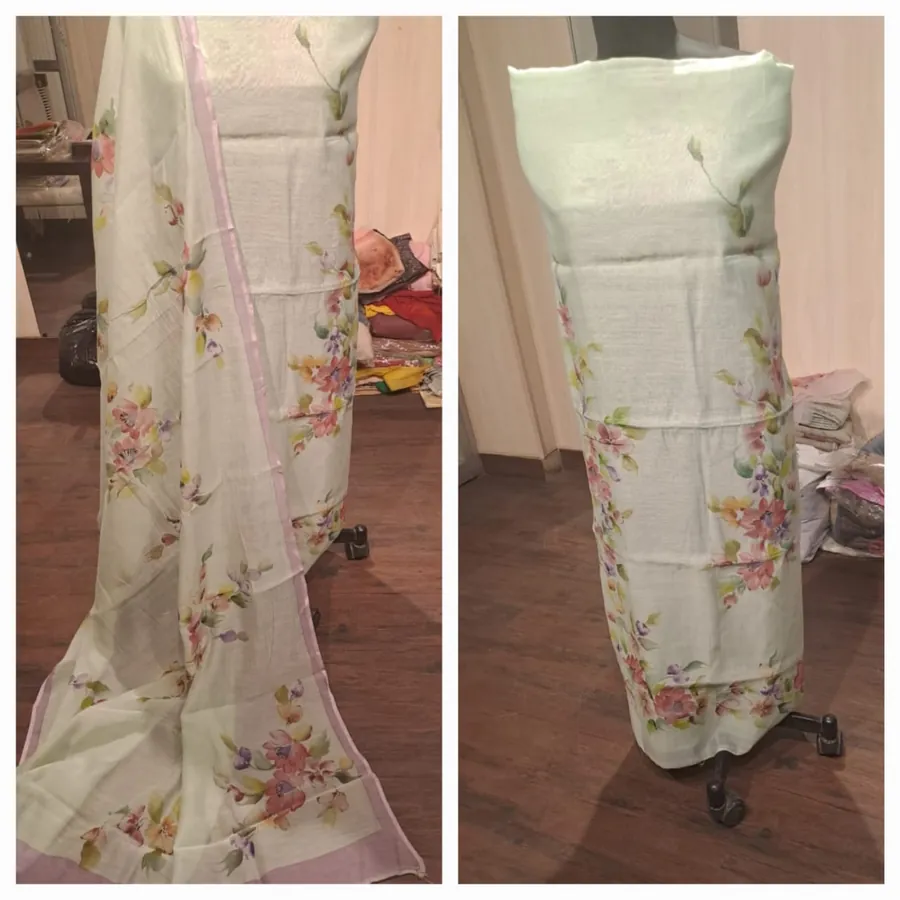 Hand-Painted Suit & Dupatta Set — Ivory with Pink Florals