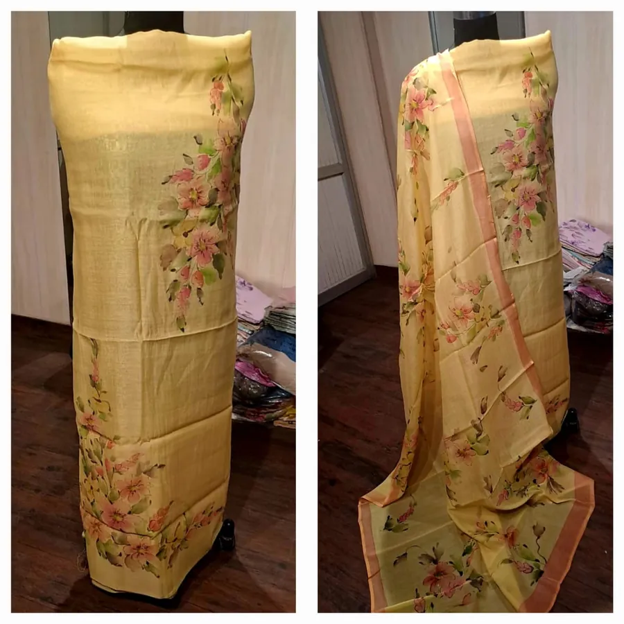 Hand-Painted Suit & Dupatta Set — Mustard Yellow with Pink Florals
