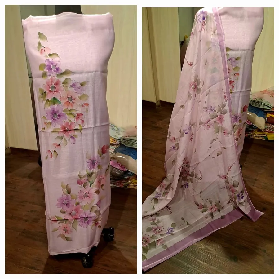 Hand-Painted Suit & Dupatta Set — Pastel Pink Floral