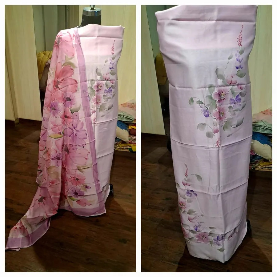 Hand-Painted Suit & Dupatta Set — Pink & Lilac Floral
