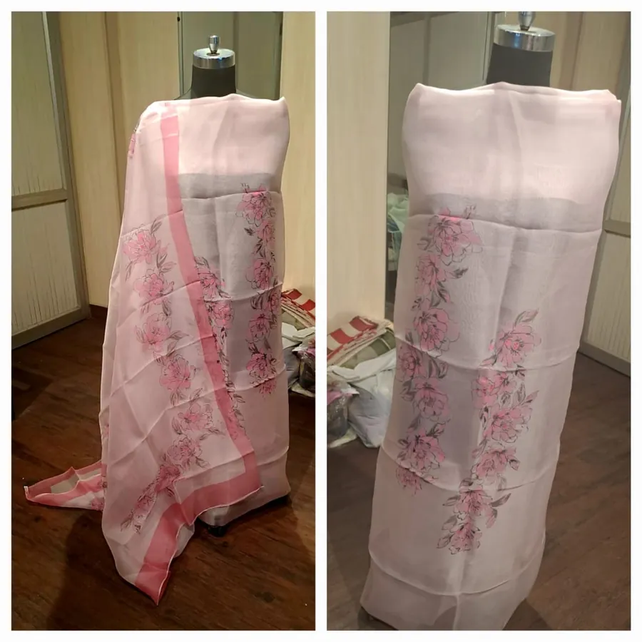 Hand-Painted Suit & Dupatta Set — Pink with Floral Border