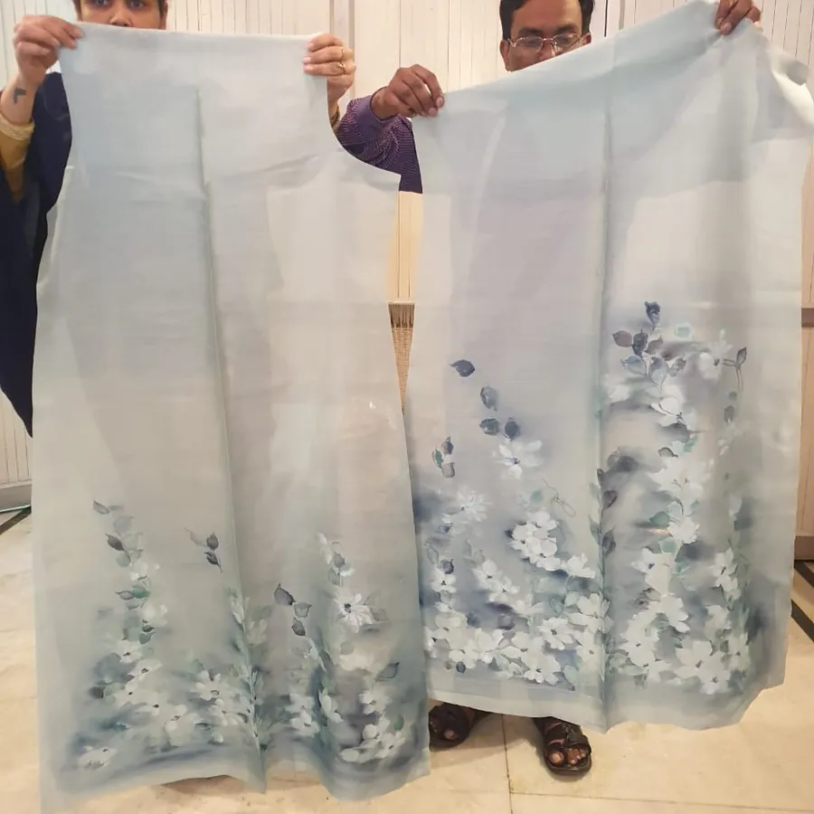 Hand-Painted Suit & Dupatta Set — Powder Blue Floral