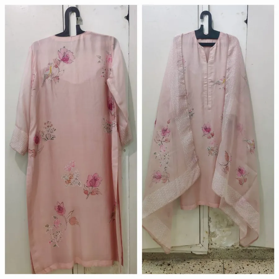 Hand-Painted Suit & Dupatta Set — Soft Pink Floral
