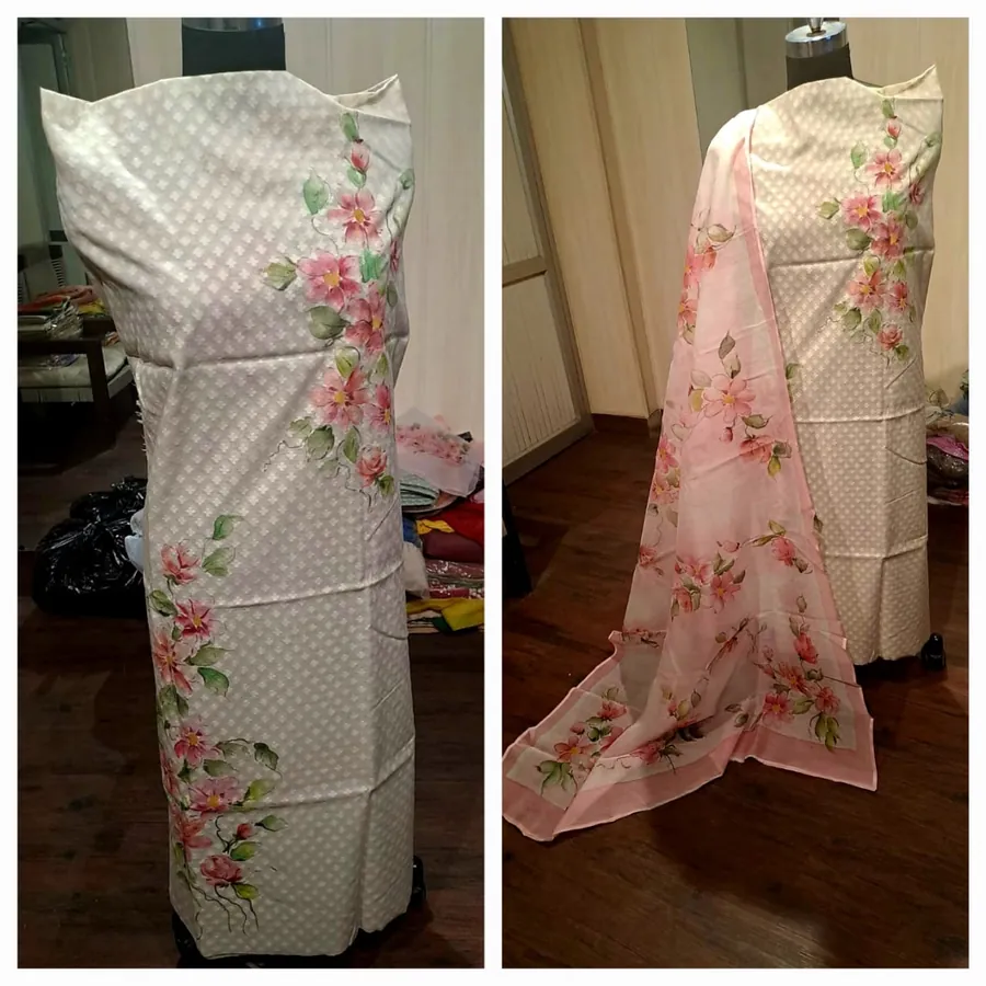 Hand-Painted Suit & Dupatta Set — White Polka with Peach Florals