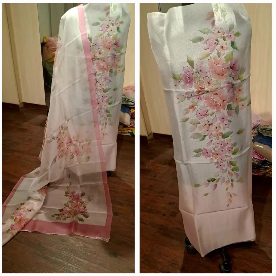 Hand-Painted Suit & Dupatta Set — White with Pink Roses